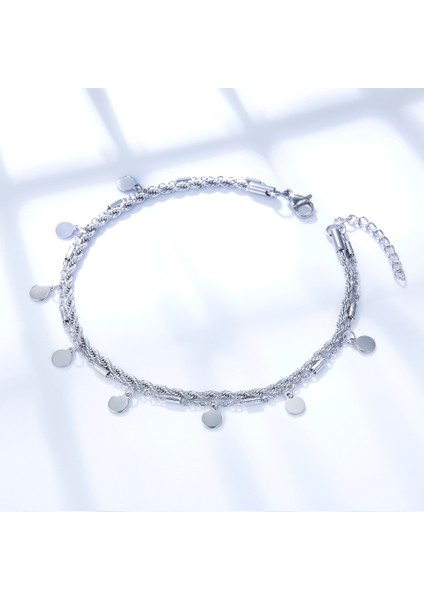 69G Luxusteel Çift Katmanlı Para Disk Kolye Halhal Altın Renk Paslanmaz Çelik Anti-Alerjik Halat Zincir Bacak Ayak Bilezik Takı (Yurt Dışından)