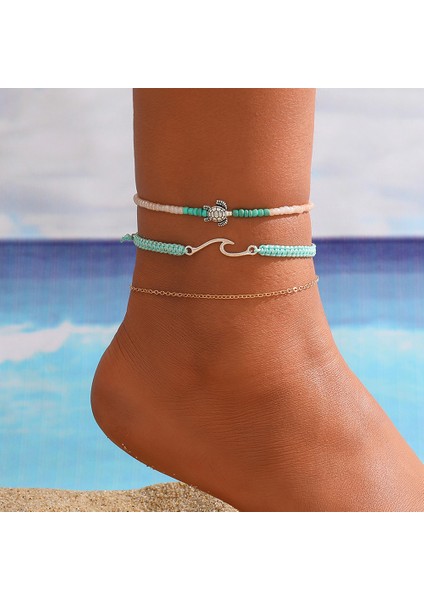 NO.5613501 Boyutu Boho Örgülü Halat Halhal Kadınlar Için Moda Deniz Dalga Kaplumbağa Plaj Halhal Renkli Pirinç Boncuk Zincir Halhal Çok Katmanlı Takı (Yurt Dışından)