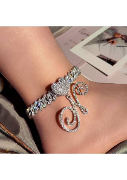 Altın Tarzı H Trendy Buzlu Out Kristal El Yazısı Mektup Halhal Kadınlar Için Bling Aaa Prong Küba Bağlantı Ayak Bileği Zinciri A-Z Alfabe Halhal Punk Takı (Yurt Dışından) fırsatları