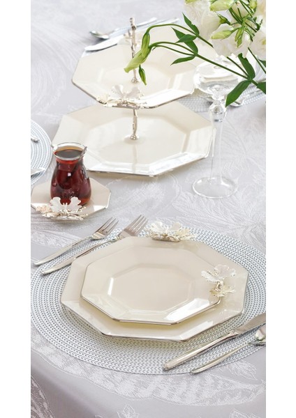 Dolmabahçe Sekizgen Krem Platin Yaldızlı 6 Kişilik 33 Parça Pasta Çay Servis Ikram Takımı