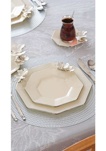 Dolmabahçe Sekizgen Krem Platin Yaldızlı 6 Kişilik 33 Parça Pasta Çay Servis Ikram Takımı