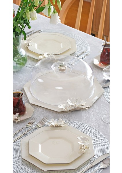Dolmabahçe Sekizgen Krem Platin Yaldızlı 6 Kişilik 33 Parça Pasta Çay Servis Ikram Takımı