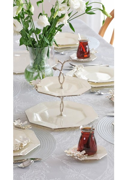 Dolmabahçe Sekizgen Krem Platin Yaldızlı 6 Kişilik 33 Parça Pasta Çay Servis Ikram Takımı