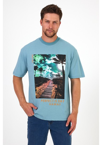 Erkek Bisiklet Yaka Hawaıı Baskılı T-shirt 7021