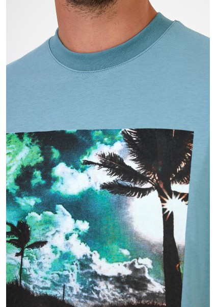 Erkek Bisiklet Yaka Hawaıı Baskılı T-shirt 7021 modelleri