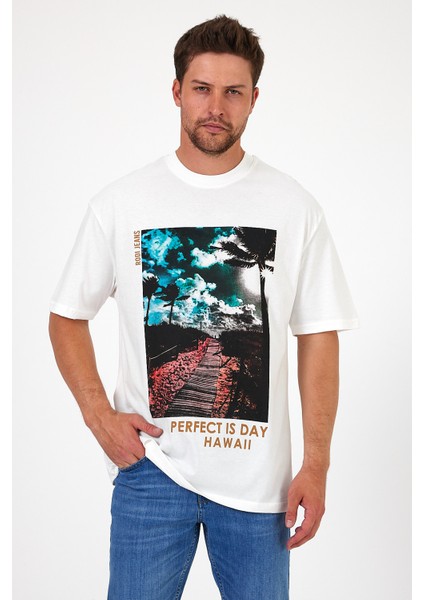 Erkek Bisiklet Yaka Hawaıı Baskılı T-shirt 7021