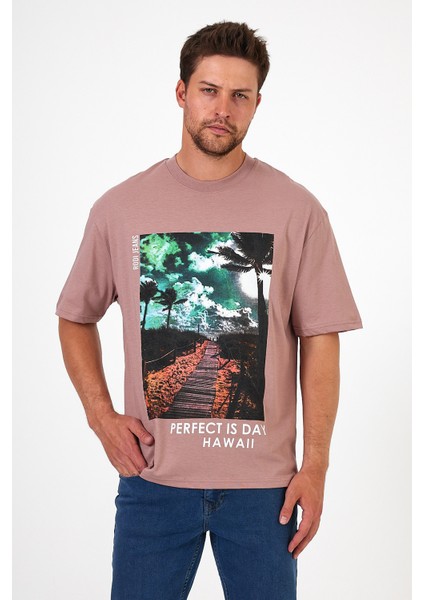 Erkek Bisiklet Yaka Hawaıı Baskılı T-shirt 7021