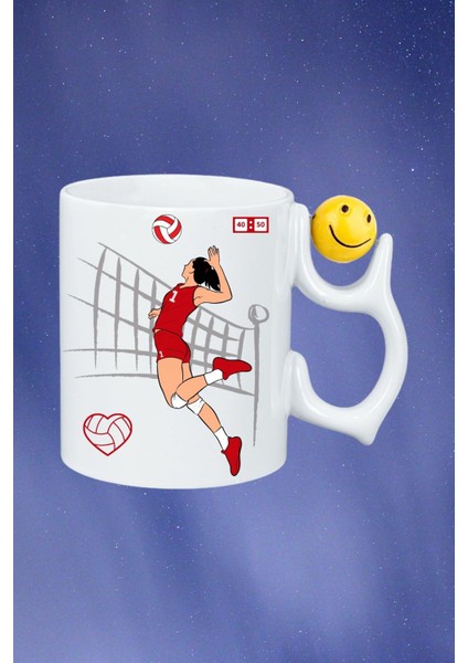 Voleybol Kadın Oyuncu Tema Baskılı Smile Emoji Toplu Kupa Bardak Çay Kahve Fincanı-1
