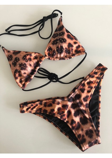 Leopar Desenli Askıları Ayarlanabilir Üst Kısmı Taş Detaylı Push Up Etkili Bikini Takımı 2li Set