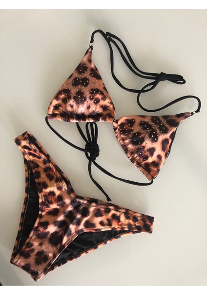 Leopar Desenli Askıları Ayarlanabilir Üst Kısmı Taş Detaylı Push Up Etkili Bikini Takımı 2li Set fiyatları