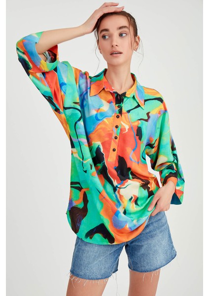 Düşük Omuz Desenli Önü Düğmeli Oversize Bluz fiyatları