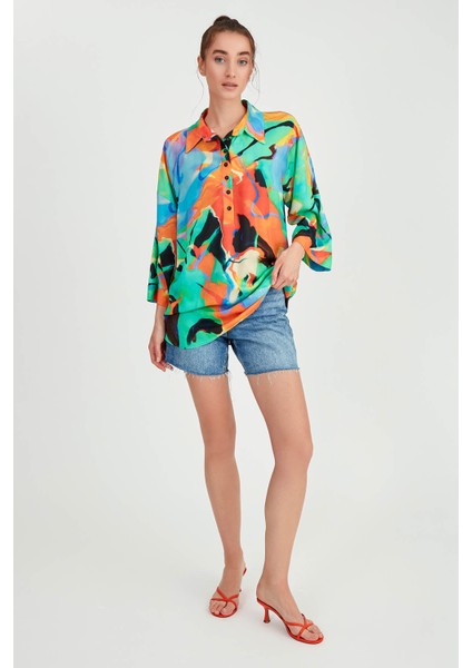 Düşük Omuz Desenli Önü Düğmeli Oversize Bluz modelleri