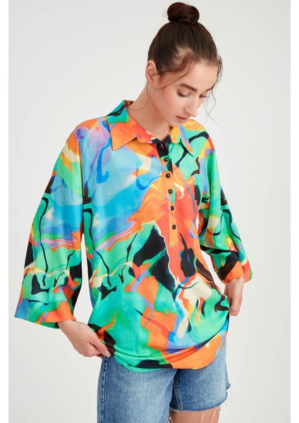 Düşük Omuz Desenli Önü Düğmeli Oversize Bluz indirimleri