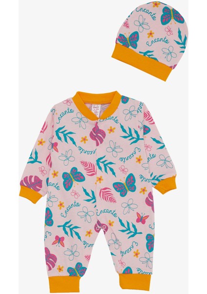Kız Bebek Tulum Renkli Çiçek & Kelebek Desenli 0-6 Ay, Pembe