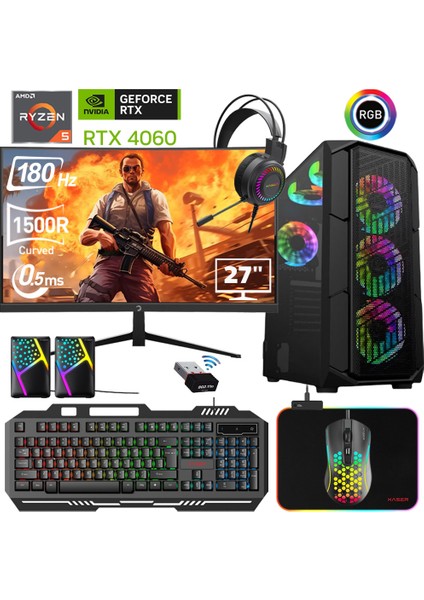 XSR481 Ryzen 5 5600 32GB Ram 1tb M.2 Nvme SSD 8gb RTX4060 27"curved 180Hz Oyun Bilgisayarı