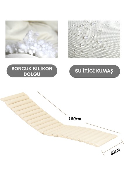 Dilimli Lüks Şezlong Minderi Kamp Minderi Su Itici Kumaş Katlanır Taşınır (Krem)