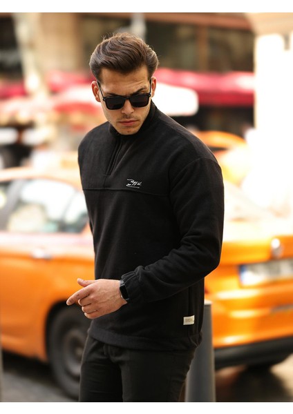 Premium Yarım Ferrmuar Polar Sweatshirt - Siyah