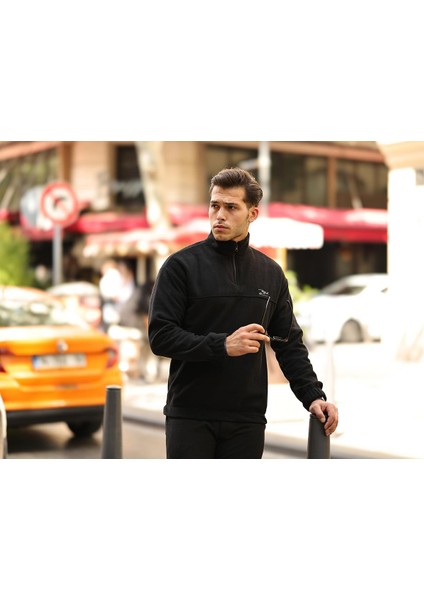 Premium Yarım Ferrmuar Polar Sweatshirt - Siyah