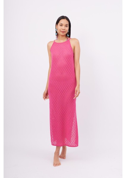 Evelıen Dress Ajur Örgü Dar Kesim Halter Yaka Arkası Bağcıklı Uzun Kadın Triko Elbise - Fuşya