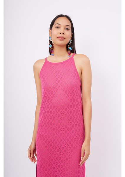 Evelıen Dress Ajur Örgü Dar Kesim Halter Yaka Arkası Bağcıklı Uzun Kadın Triko Elbise - Fuşya