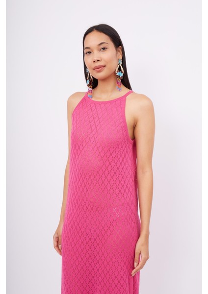Evelıen Dress Ajur Örgü Dar Kesim Halter Yaka Arkası Bağcıklı Uzun Kadın Triko Elbise - Fuşya