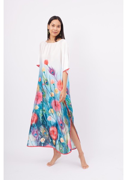 Sprıngfıeld Long Dress Çiçek Baskılı Kısa Kollu 125 cm Uzun Saten Kadın Elbise - Çok Renkli indirimleri