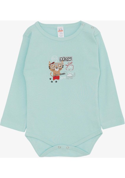 Erkek Bebek Çıtçıtlı Zıbın Body Ressam Kedicik Baskılı 9 Ay-3 Yaş, Su Yeşili