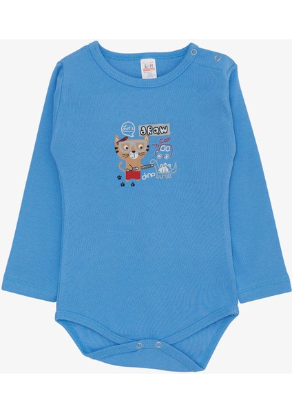 Erkek Bebek Çıtçıtlı Zıbın Body Ressam Kedicik Baskılı 9 Ay-3 Yaş, Mavi
