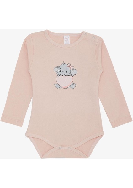 Kız Bebek Çıtçıtlı Zıbın Body Kalpli Bebek Fil Baskılı 9 Ay-3 Yaş, Pudra