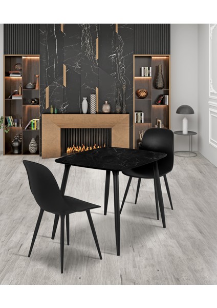 Yemek Masası Mutfak Masası 70x90 cm Metal Ayaklı Siyah Masa, 2 Adet Abant Metal Ayaklı Sandalye
