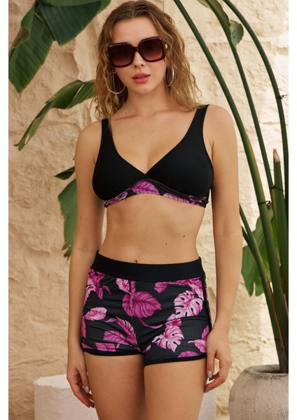 Şortlu Bikini Takımı Toparlayıcı Siyah Pembe Gül Desenli