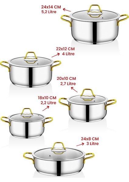 Yağmur 10 Parça Gold Çelik Tencere Seti