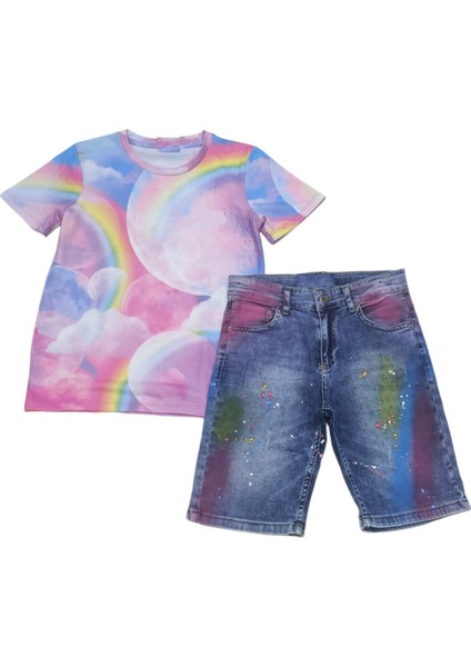 Kız Çocuk Dijital Baskılı Tişört Püskürtme Desenli Mavi Renk Kot Şort Takımı