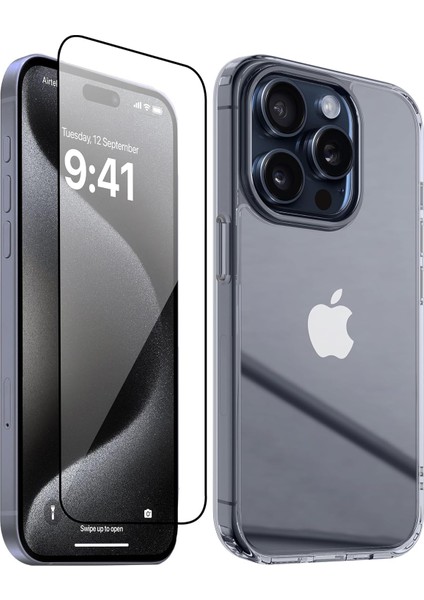 iPhone 15 Pro Max 2'in 1 Set Şeffaf Silikon Kılıf + Esd Temperli Cam Ekran Koruyucu