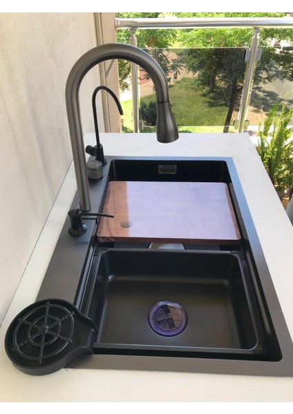 Şelale Mutfak Evye Seti Akıllı Teknolojik Siyah Nano Mutfak Evye Seti