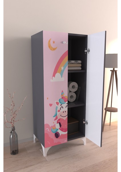 Çocuk Odası Unicorn Dreams Dolap 3 Raflı Çok Amaçlı Baskılı Oyuncak Dolabı