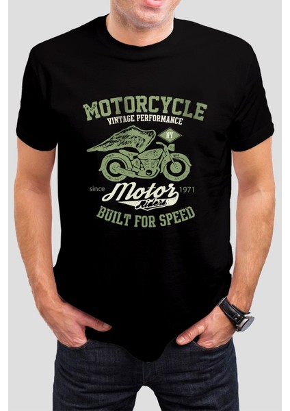 Motor Baskılı Siyah Unisex Tişört C461