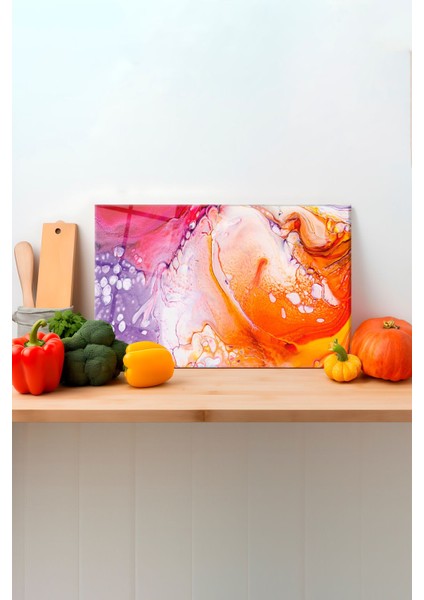 Pembeli Turuncu Cam Kesme Tahtası, Silikon Ayaklı, Sunum Kesim Doğrama Tablası, Temperli ve Rodajlı