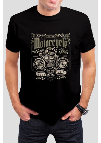Motorsiklet Baskılı Siyah Unisex Tişört C450