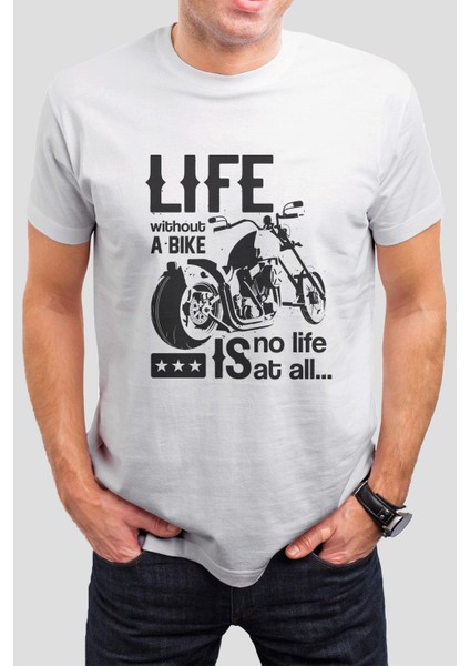 Motorsiklet Baskılı Beyaz Unisex Tişört C453