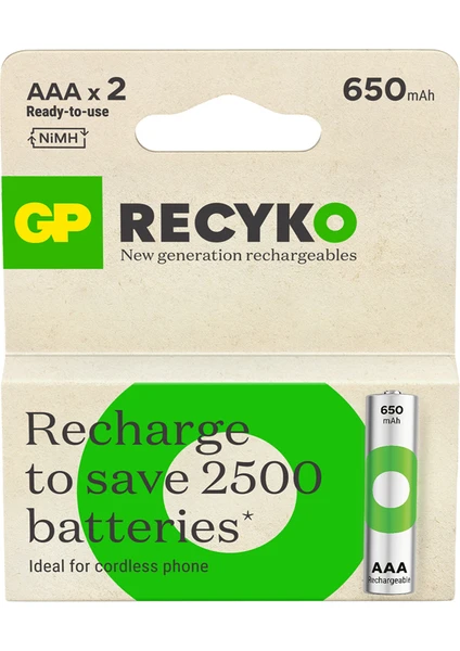 Recyko 650 mAh 1.2V AAA Boy NiMH İnce Şarjlı Pil 2'li Kart