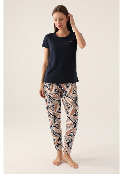 Desenli Bisiklet Yaka Kadın Pijama Takımı, %100 Pamuk