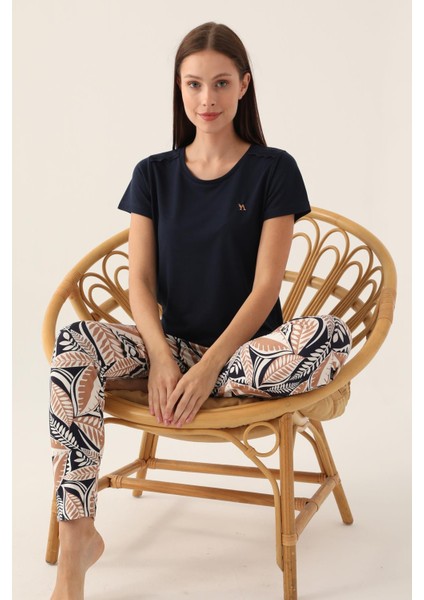 Desenli Bisiklet Yaka Kadın Pijama Takımı, %100 Pamuk