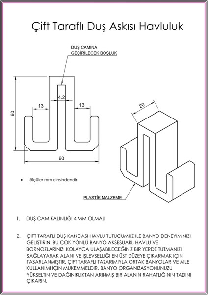 Beyaz Duşakabin Askısı - Beyaz Havlu Askılık - Çift Taraflı Havluluk - 4 mm Cam Kalınlığına Uygun