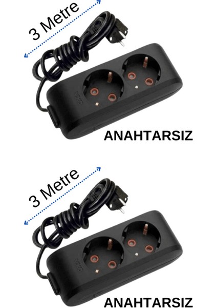 (2/'li) Ikili Priz Topraklı Kablolu Siyah 3 (Üç) Metre (2 Adet)