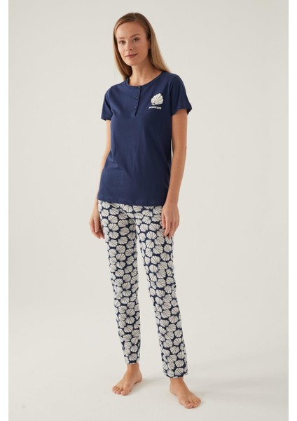 Düğmeli Yaka Cepli Kadın Pijama Takımı, %100 Pamuklu Pijama Takımı
