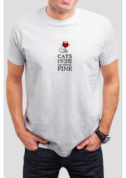 Kedi ve Şarap Baskılı Beyaz Unisex Tişört C471