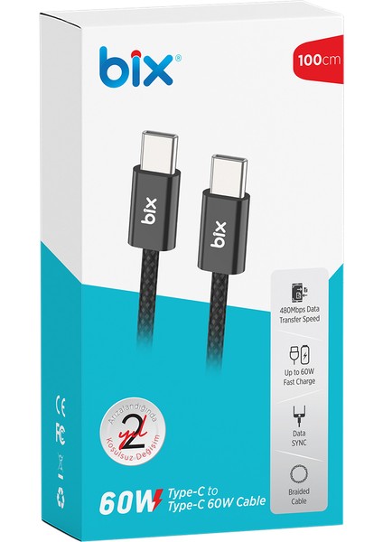 BX04CC Type-C To Type-C 60W Örgülü Şarj ve Data Kablosu 1 Metre Siyah