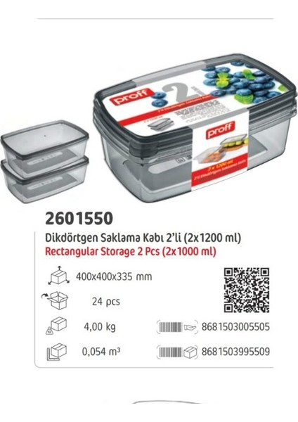 2li Dikdörtgen Sert Plastik Saklama Kabı 2X700ML