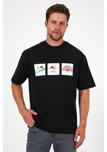 Erkek Bisiklet Yaka Baskılı T-Shirt 0210